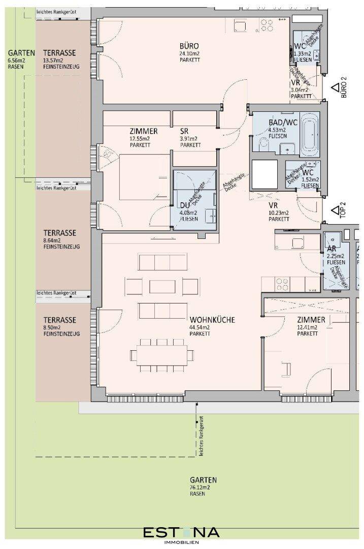 Detaillierter Grundriss einer Wohnung mit Wohnküche, Terrassen und Gartenanteil.