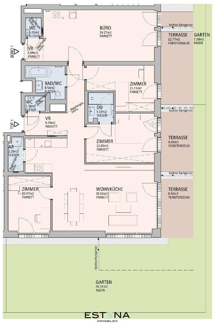 Nahaufnahme des Grundrisses einer Wohnung mit Wohnküche, Zimmern, Bädern und Terrassen.