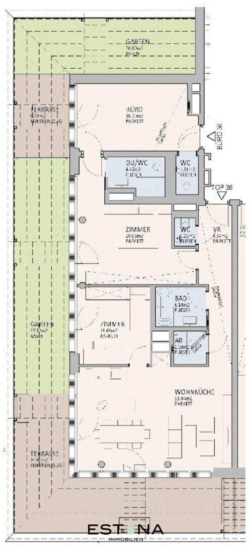 Übersichtlicher Grundriss einer Wohnung mit Wohnküche, zwei Bädern und großzügiger Terrasse.