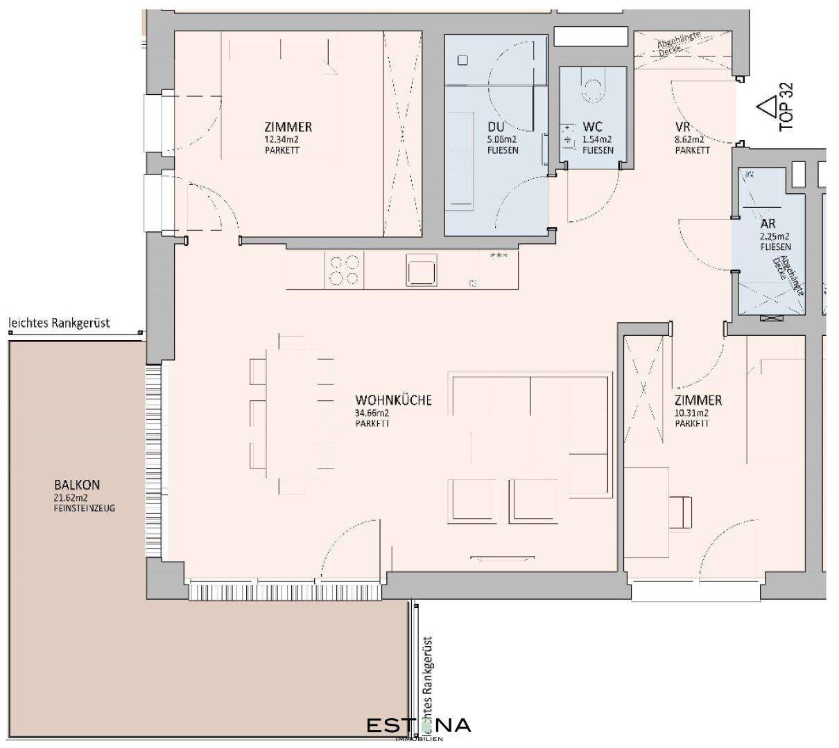 Grundriss einer Wohnung mit offener Wohnküche, zwei Zimmern, Bad, WC und großem Balkon.