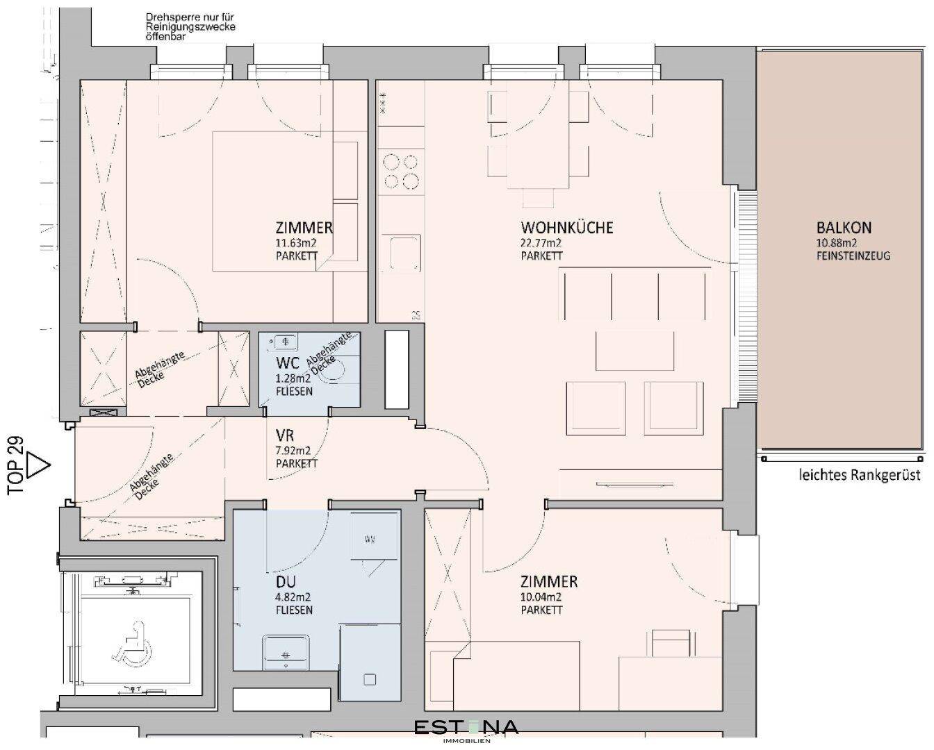 Grundriss einer Wohnung mit Wohnküche, zwei Zimmern, Bad, WC und einem großzügigen Balkon.