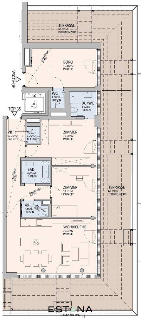 Grundriss einer Wohnung mit Wohnküche, zwei Zimmern, Büro, zwei Bädern und zwei Terrassen.