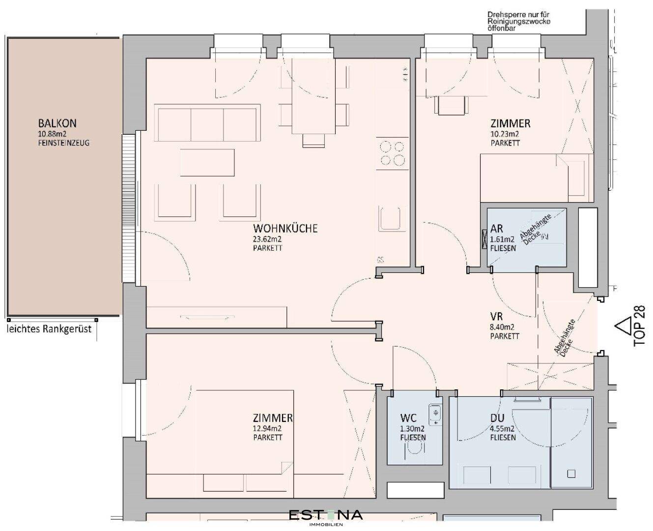 Grundriss einer Wohnung mit offener Wohnküche, zwei Zimmern, Bad, WC und Balkon.