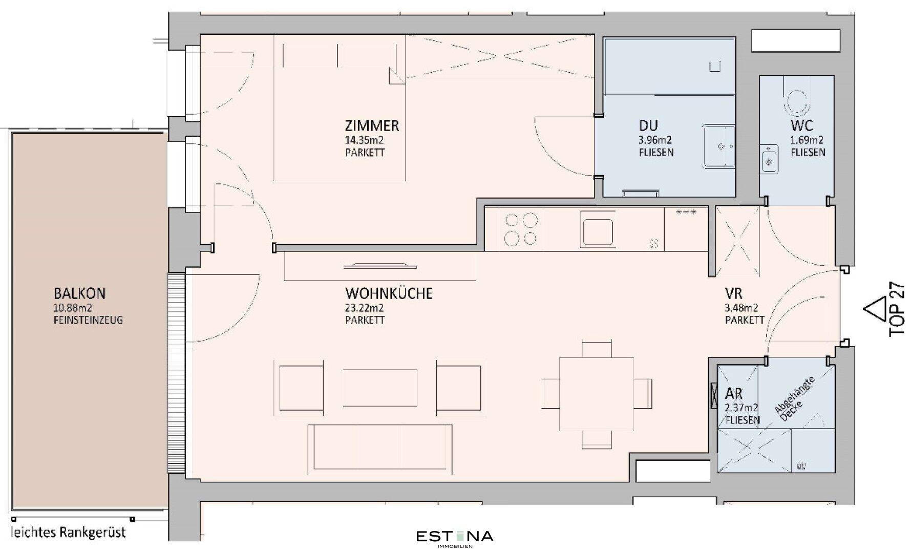 Grundriss einer Wohnung mit einem Schlafzimmer, offener Wohnküche, Duschbad, separatem WC und Balkon.