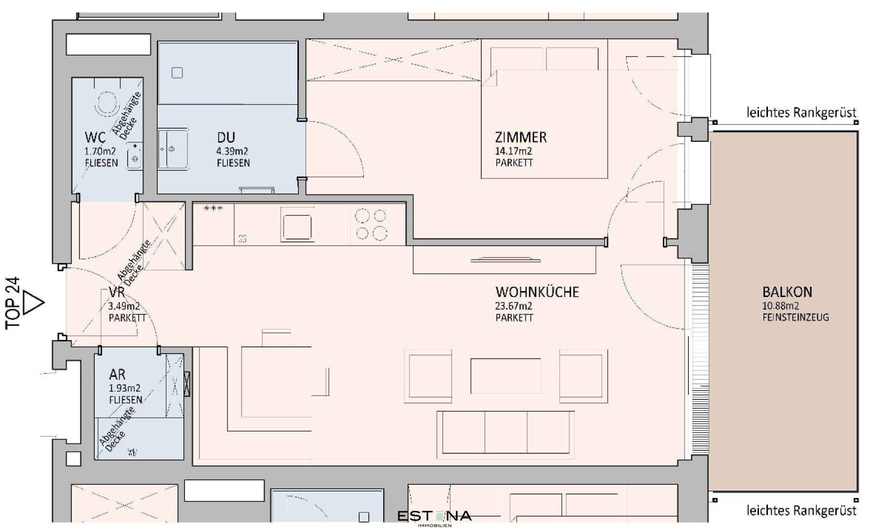 Nahaufnahme des Grundrisses mit genauen Raumaufteilungen und Flächenangaben für die Wohnung.