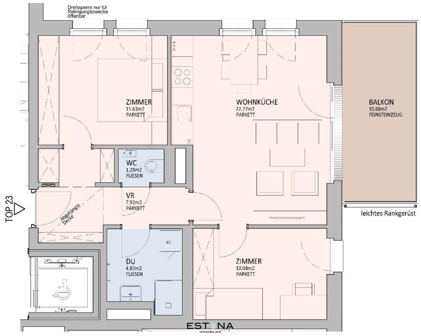 Grundriss einer Wohnung mit offener Wohnküche, zwei Schlafzimmern, separatem WC, Duschbad und Balkon.