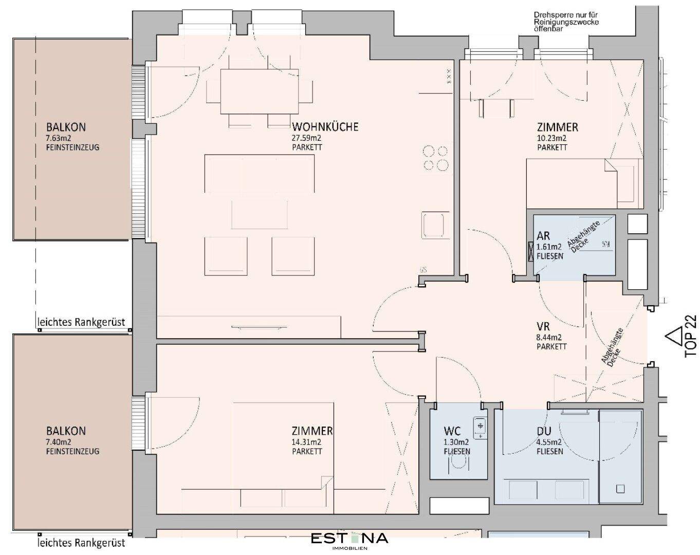 Detaillierter Grundriss einer Wohnung mit offener Wohnküche, zwei Schlafzimmern und zwei Balkonen.