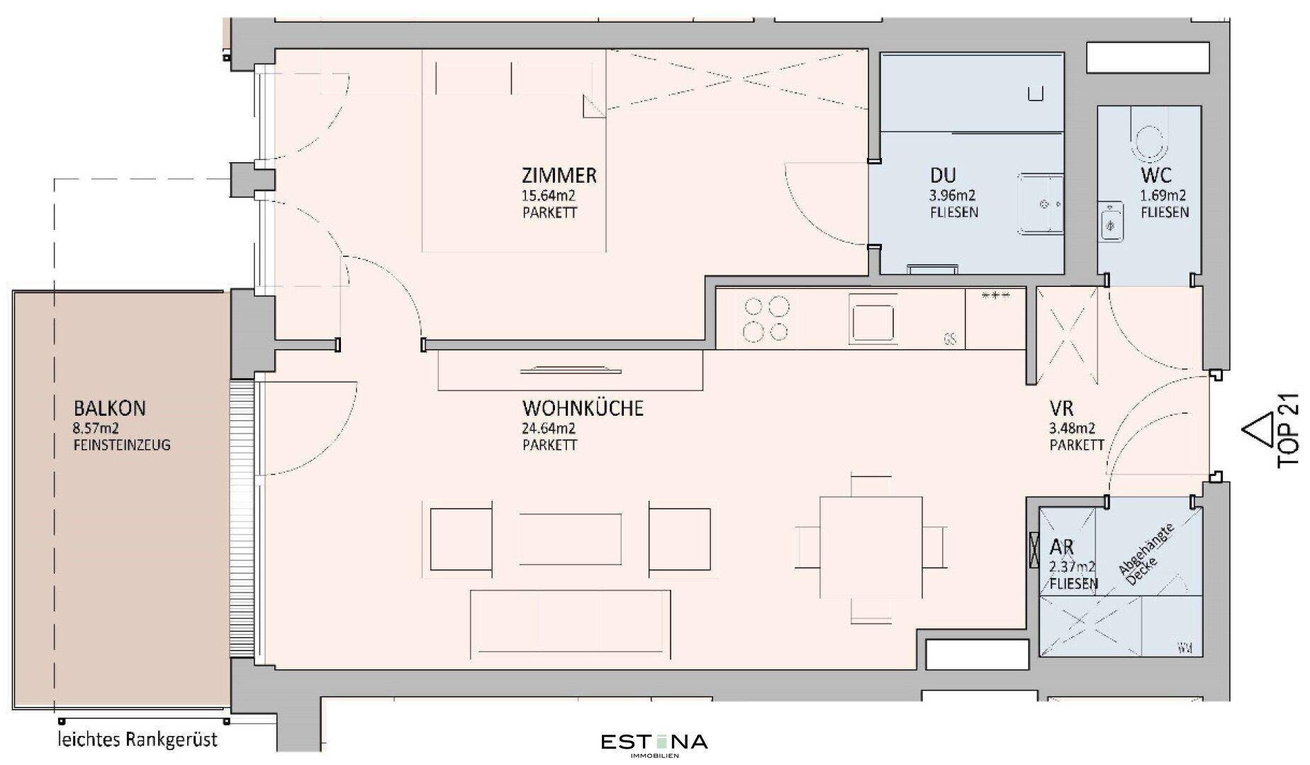 Detaillierter Grundriss einer Wohnung mit offenem Wohnküchenbereich, einem Schlafzimmer, Balkon und separatem WC.