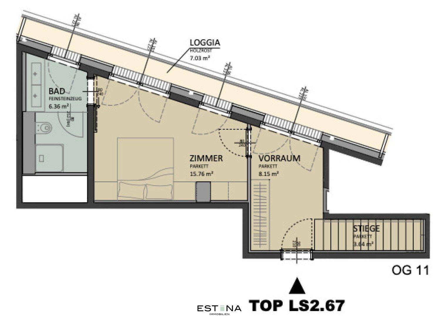 Detaillierter Grundriss der oberen Ebene einer Wohnung mit Schlafzimmer, Bad und Loggia.