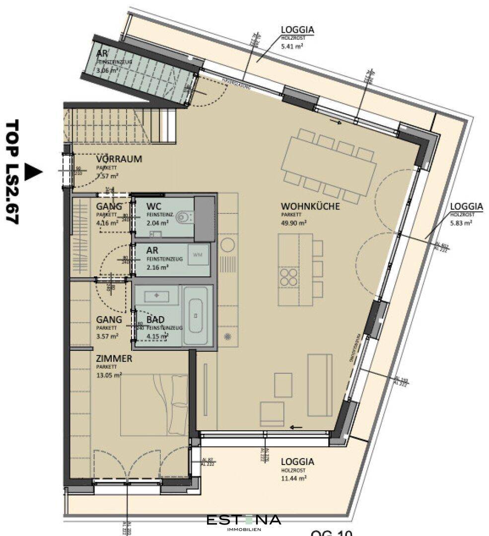 Detaillierter Grundriss der unteren Ebene einer Wohnung mit offener Wohnküche und Loggia.