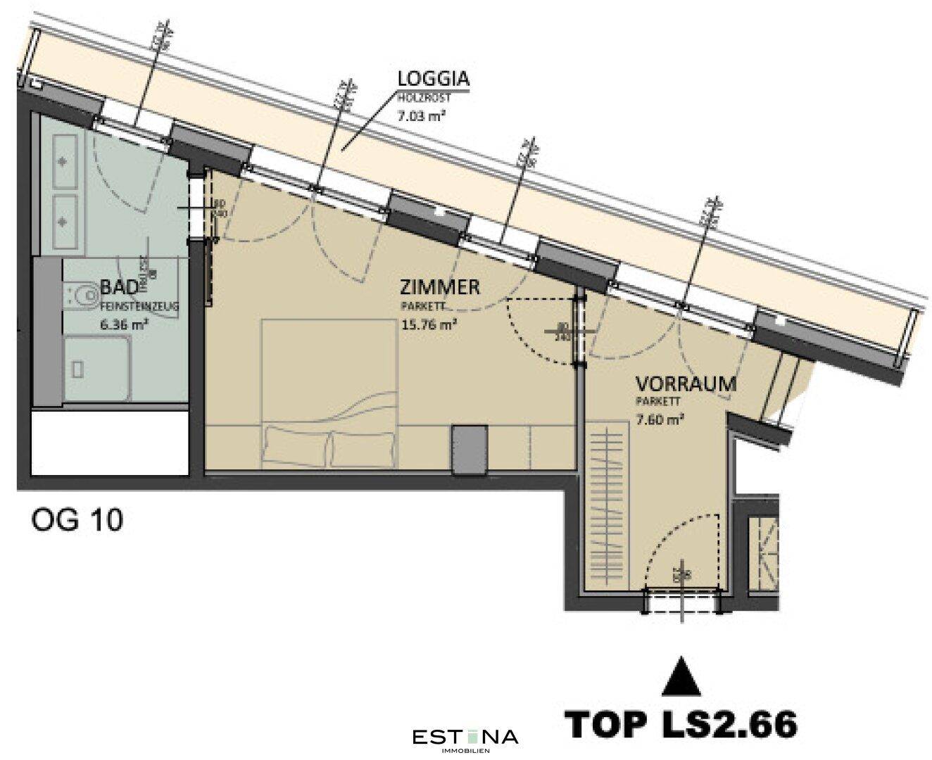 Detaillierter Grundriss der oberen Ebene mit Schlafzimmer, Bad, Vorraum und Loggia.