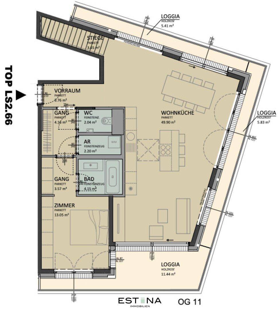 Detaillierter Grundriss der unteren Ebene mit Wohnküche, Bad, Zimmer und mehreren Loggien.