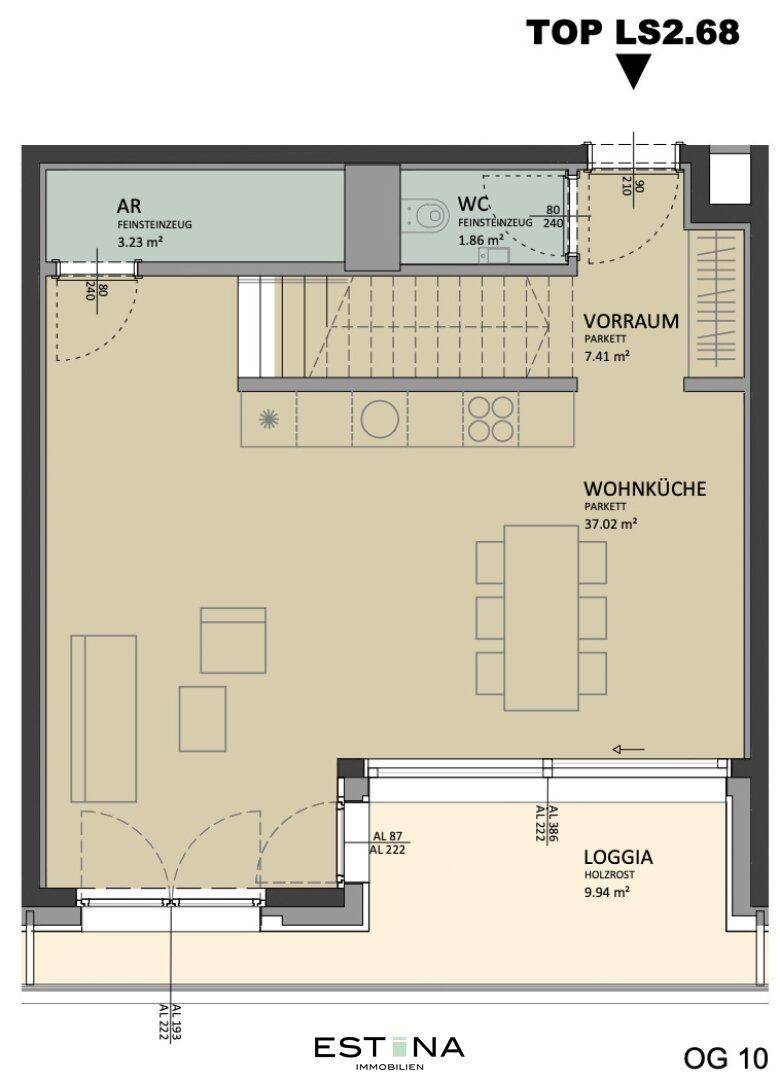 Detaillierter Grundriss der unteren Etage mit offener Wohnküche, WC und einer geräumigen Loggia.