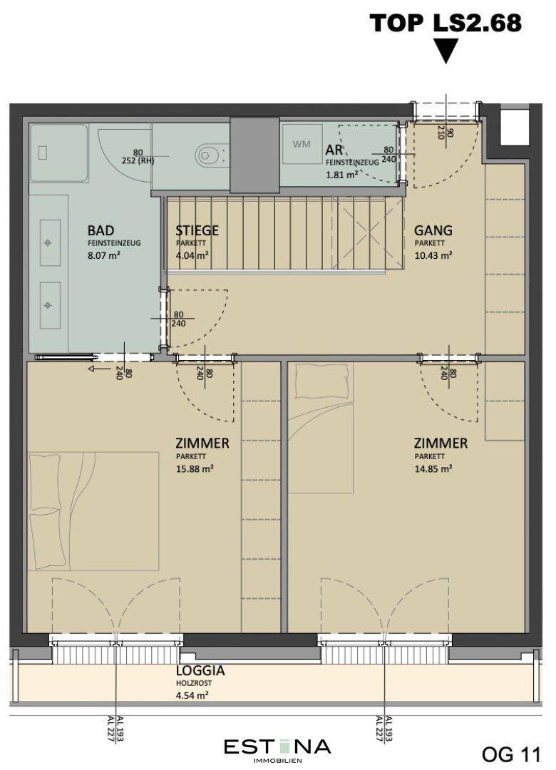 Detaillierter Grundriss der oberen Etage mit zwei Zimmern, Bad, Gang und einer weiteren Loggia.