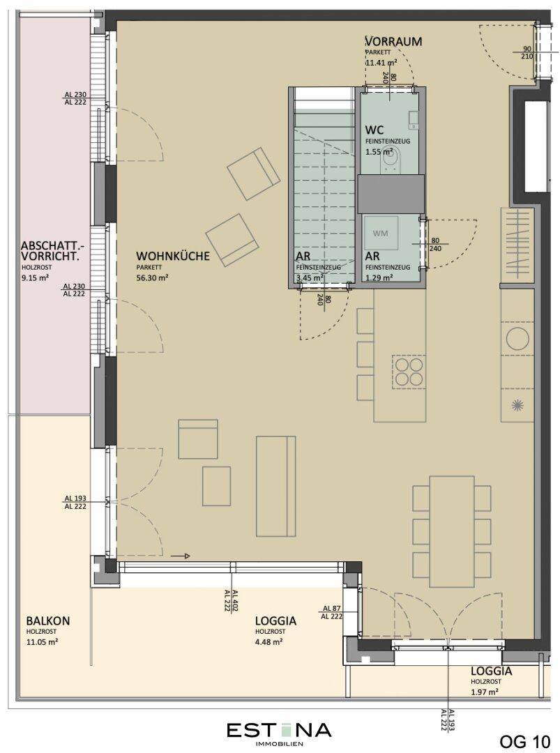 Grundriss des Obergeschosses mit offener Wohnküche, Balkon, Loggia und separatem WC.