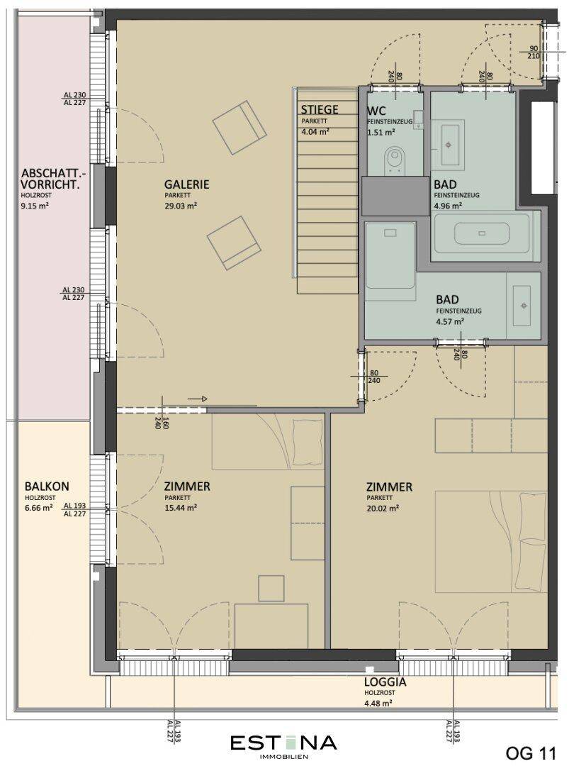 Grundriss des Obergeschosses mit Galerie, zwei Bädern, Balkon und Loggia, verbunden durch eine Treppe.