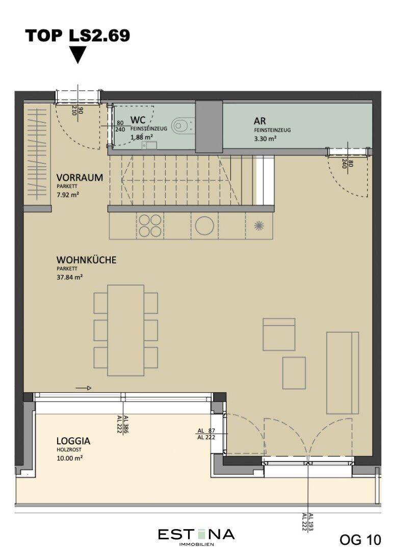 Grundriss des unteren Geschosses mit offener Wohnküche, separatem WC und einer Loggia.