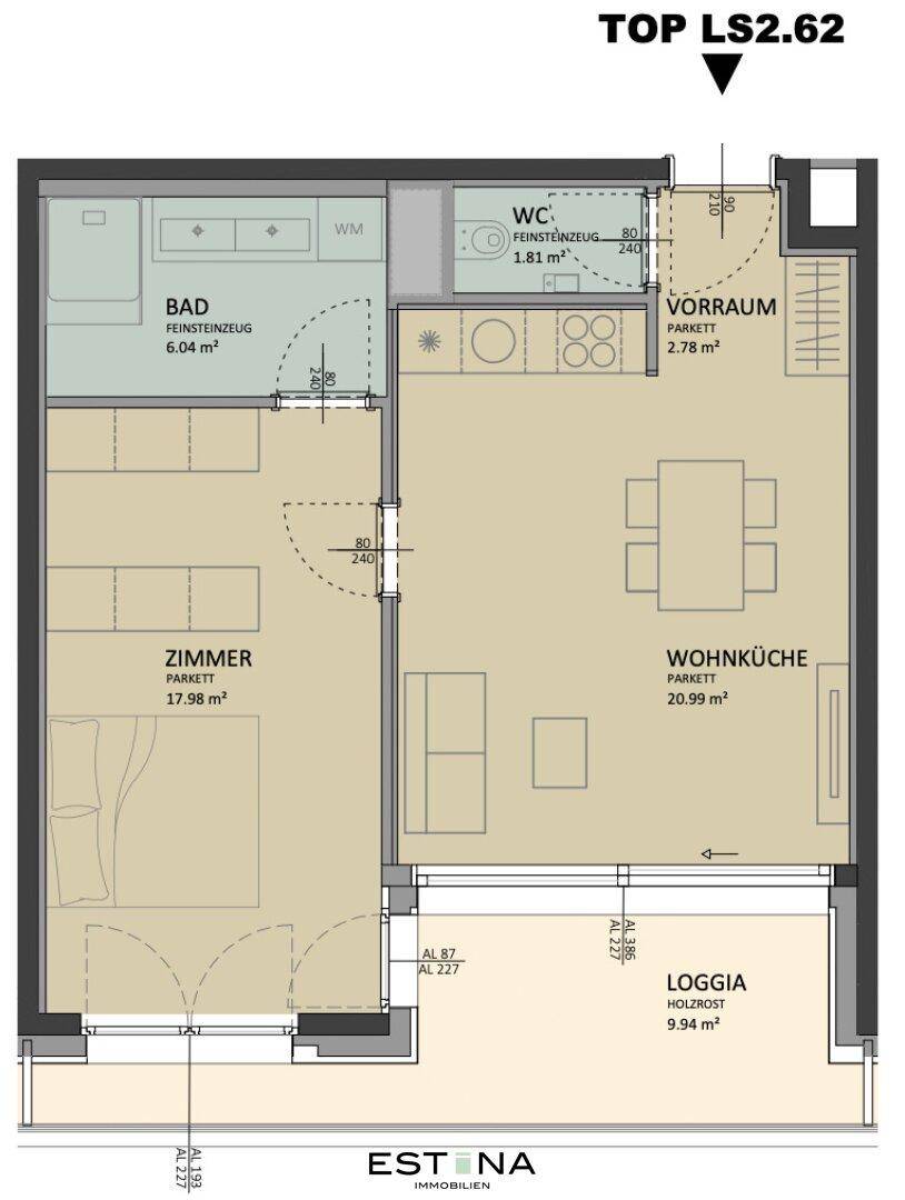 Nahaufnahme des Grundrisses einer modernen Wohnung mit effizienter Raumaufteilung.