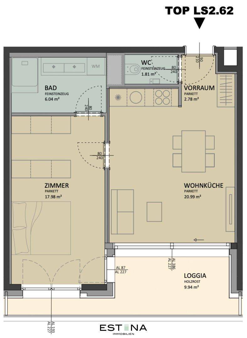 Detaillierter Grundriss einer Wohnung mit Wohnküche, Schlafzimmer, Bad und Loggia.