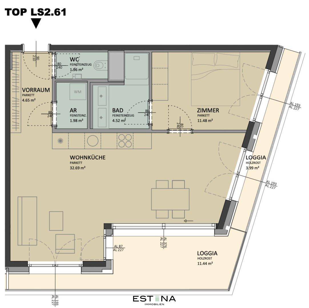 Klarer Grundriss einer Wohnung mit Wohnküche, Schlafzimmer, Bad, WC und zwei Loggien.