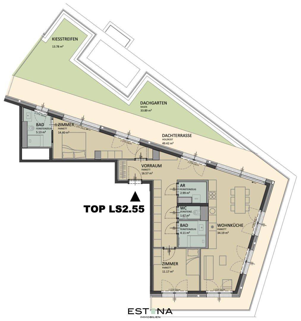Detaillierter Grundriss einer Wohnung mit Wohnküche, zwei Bädern und großem Dachgarten.