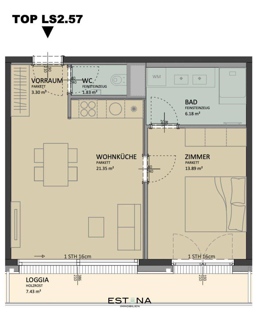 Nahaufnahme eines Grundrisses mit genauen Raumbezeichnungen und Flächenangaben für eine moderne Wohnung.
