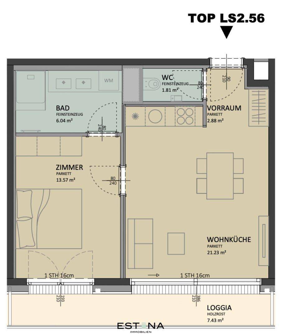 Detaillierter Grundriss von TOP LS2.56 mit genauen Raumaufteilungen und Flächenangaben.