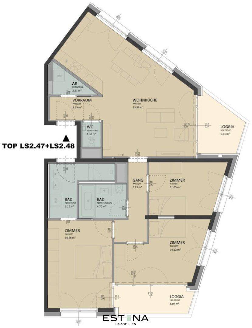 Detaillierter Grundriss einer Wohnung mit offener Wohnküche, zwei Bädern, separatem WC und zwei Loggien.