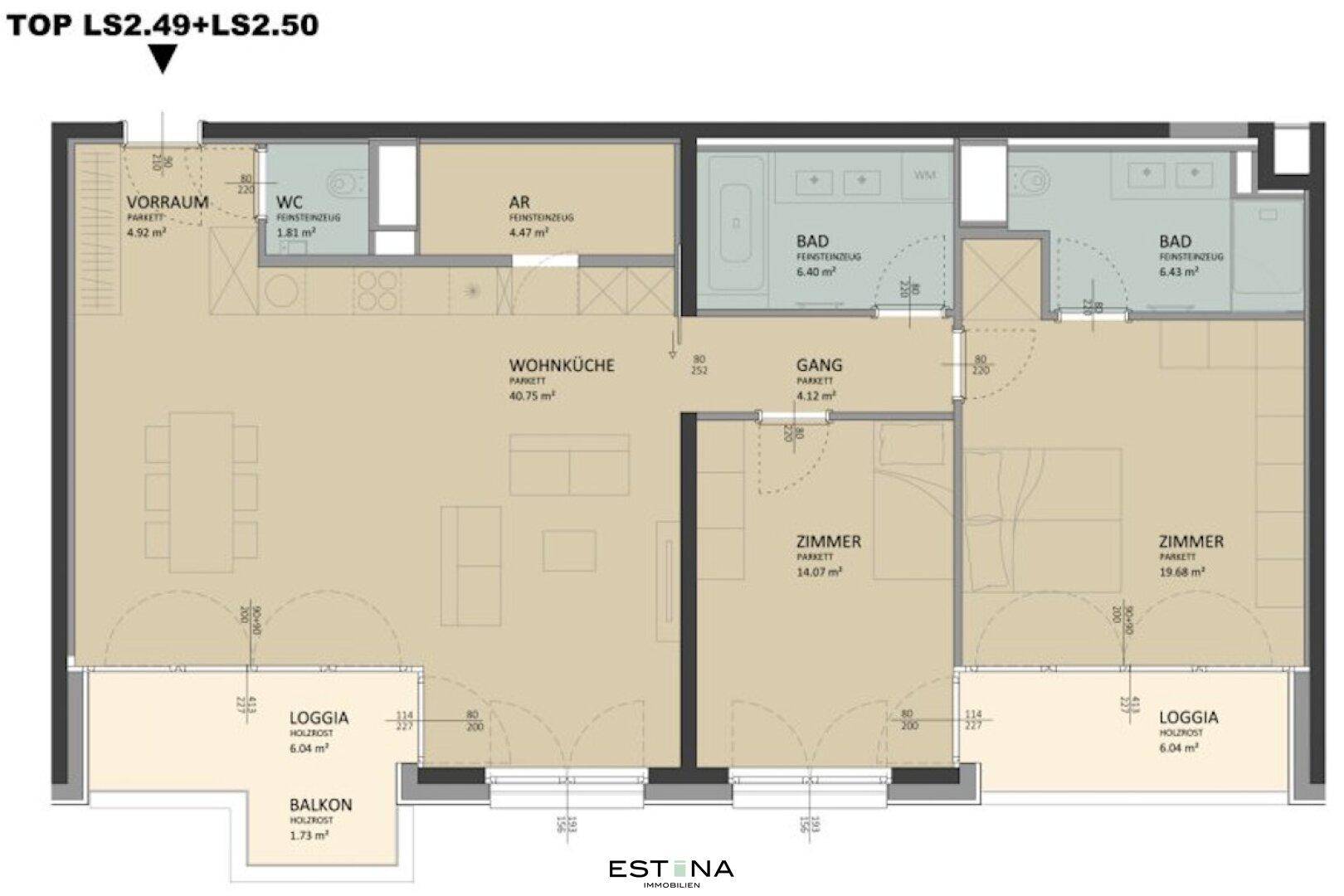 Detaillierter Grundriss einer Wohnung mit offener Wohnküche, zwei Schlafzimmern, zwei Bädern und mehreren Außenbereichen.