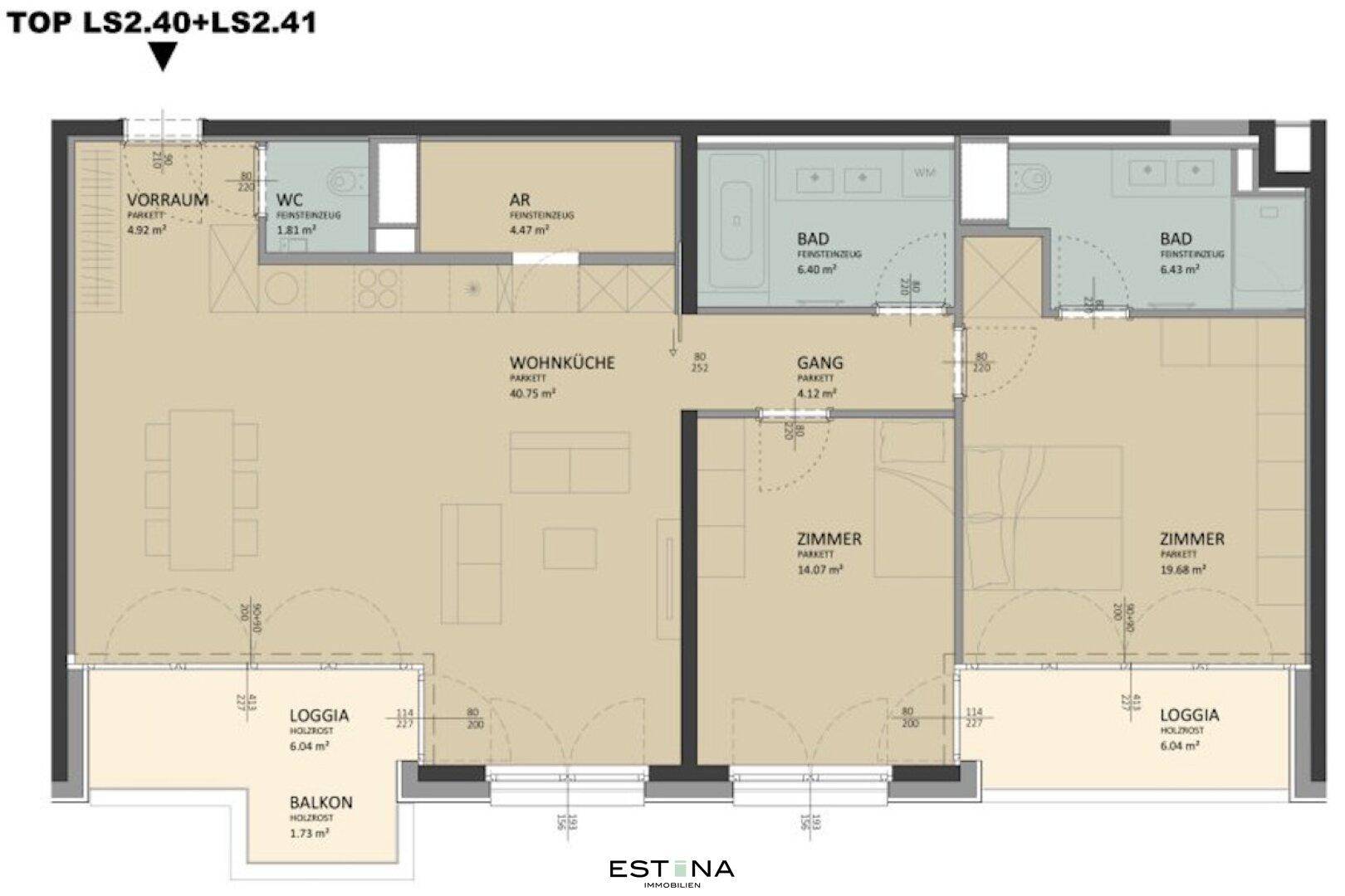 Grundriss einer Wohnung mit offener Wohnküche, zwei Schlafzimmern, zwei Bädern, einem Gäste-WC, Loggien und einem Balkon.