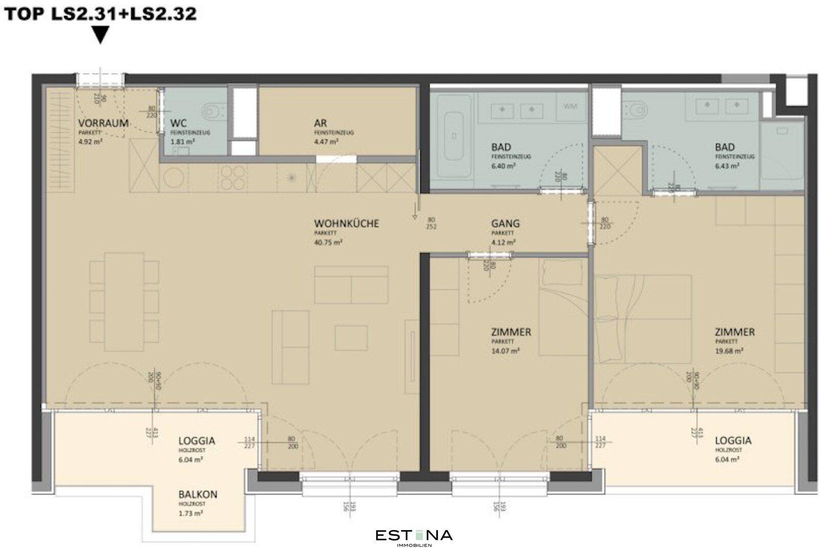 Übersichtlicher Grundriss einer Wohnung mit Wohnküche, zwei Zimmern, Loggia und Balkon.