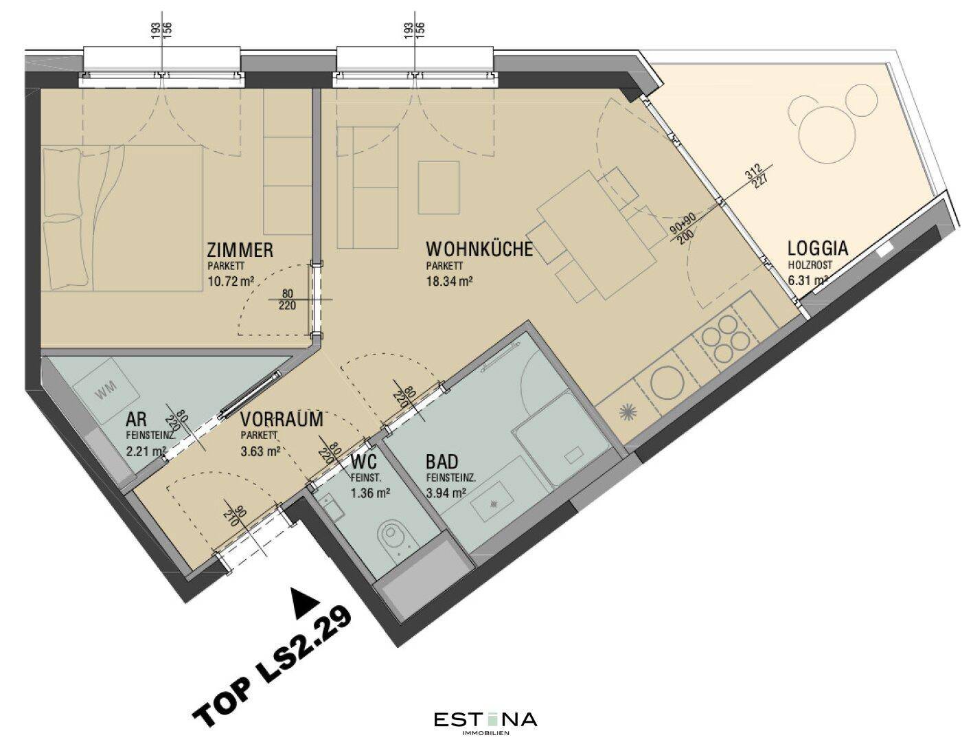 Detaillierter Grundriss einer Wohnung mit Zimmer, Wohnküche, Loggia und Abstellraum.