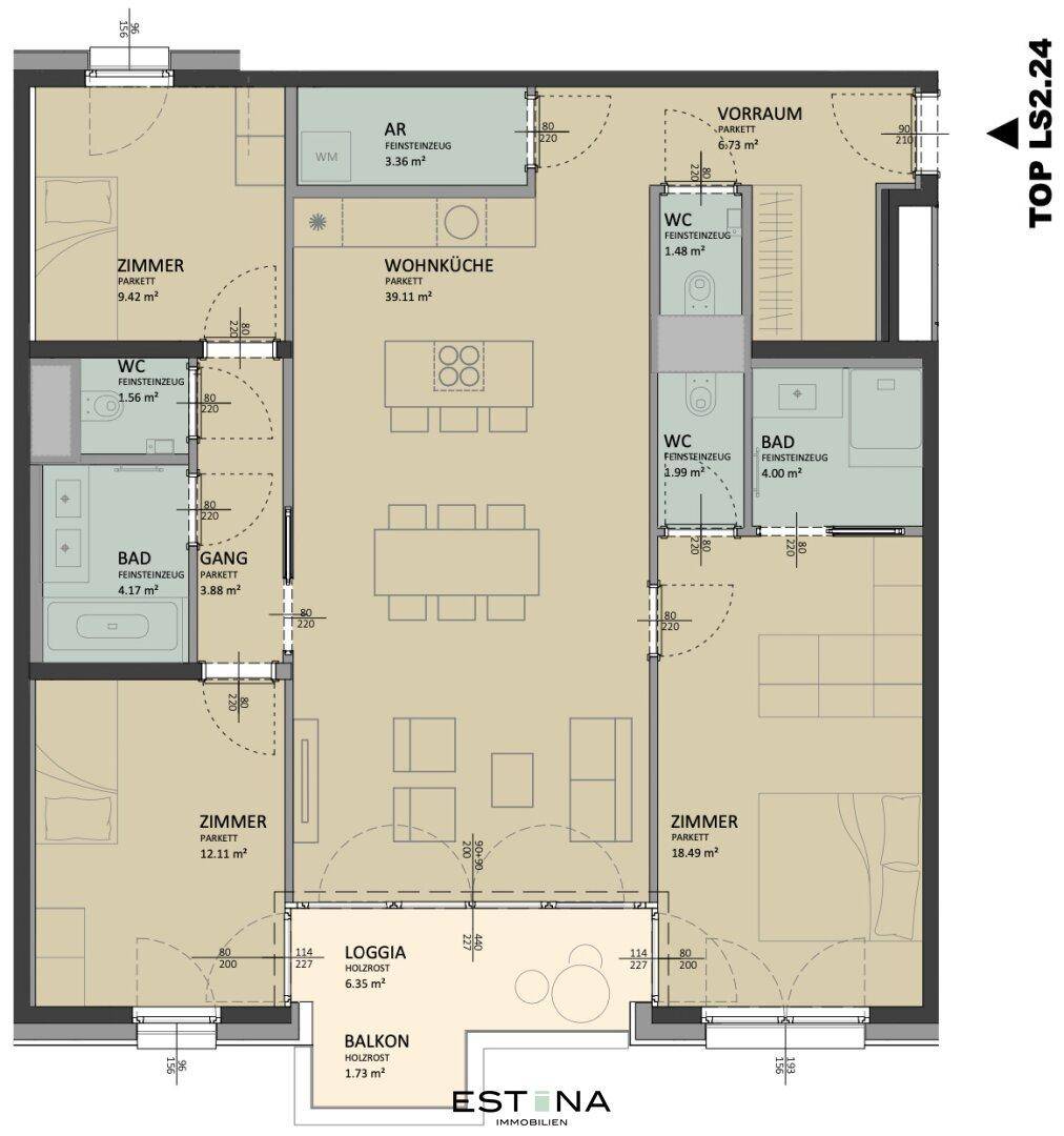 Übersichtlicher Grundriss einer Wohnung mit drei Zimmern, Wohnküche, Loggia und Balkon.
