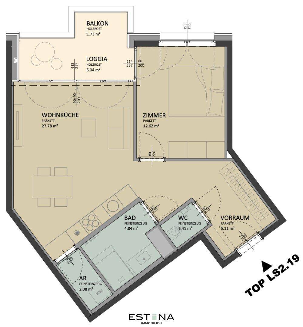 Übersichtlicher Grundriss einer modernen Wohnung mit Wohnküche, Schlafzimmer und zwei Bädern, effizient aufgeteilt.