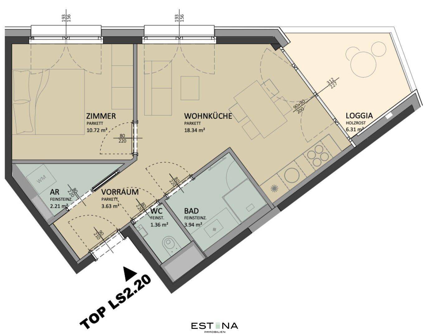 Detaillierter Grundriss einer Wohnung mit Zimmer, Wohnküche, Bad, WC und Loggia.