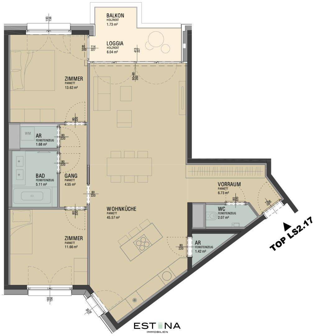 Übersichtlicher Grundriss einer Wohnung mit offener Wohnküche, Bad und separatem WC.