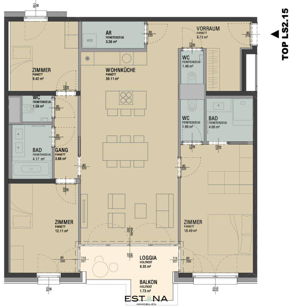 Detaillierter Grundriss einer Wohnung mit offener Wohnküche, mehreren Zimmern, Bädern und Zugang zu Loggia und Balkon.