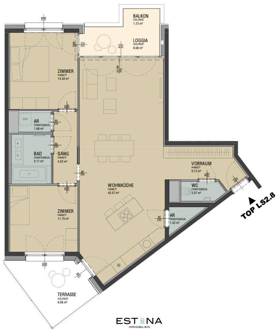 Übersichtlicher Grundriss einer Wohnung mit Wohnküche, Balkon und Terrasse.