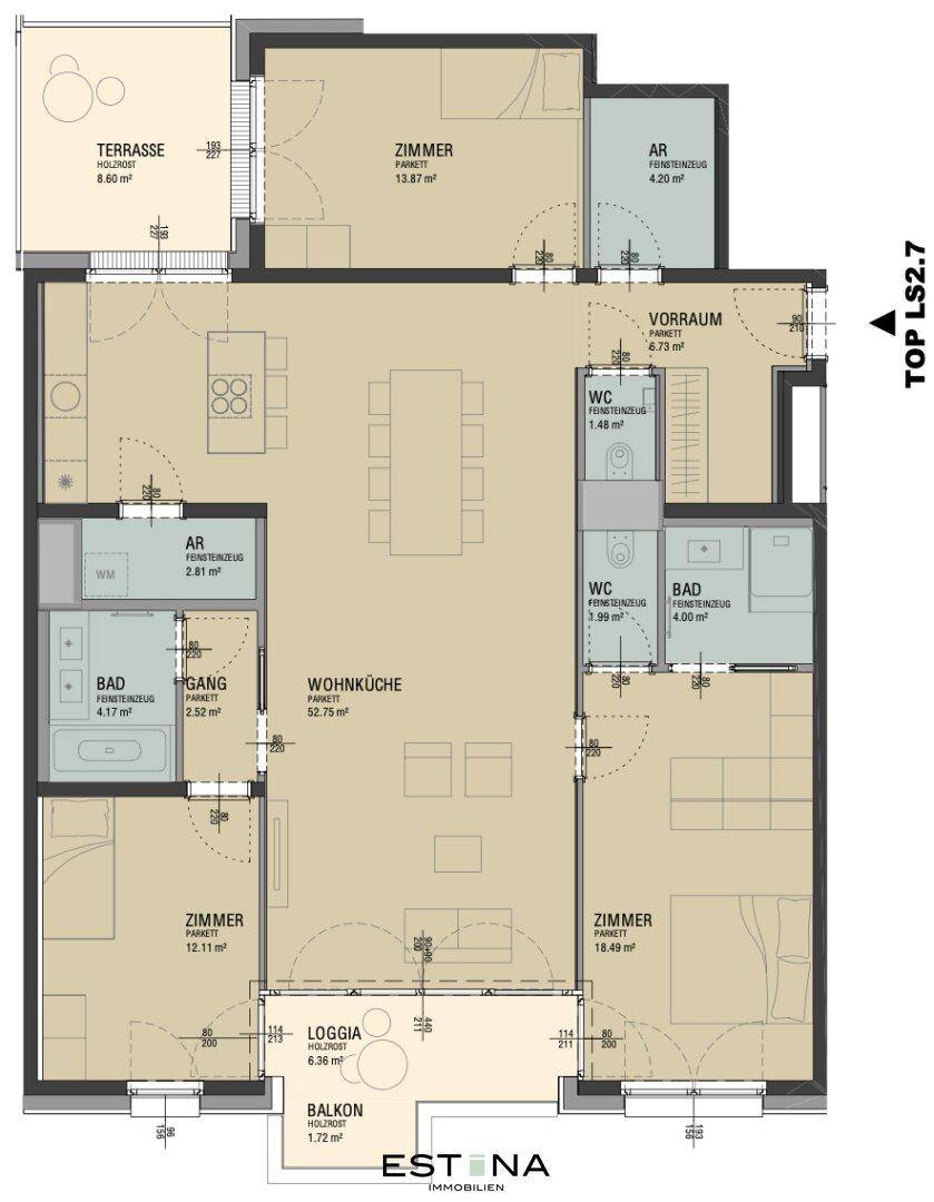 Übersichtlicher Grundriss einer Wohnung mit Wohnküche, drei Zimmern und zwei Bädern.
