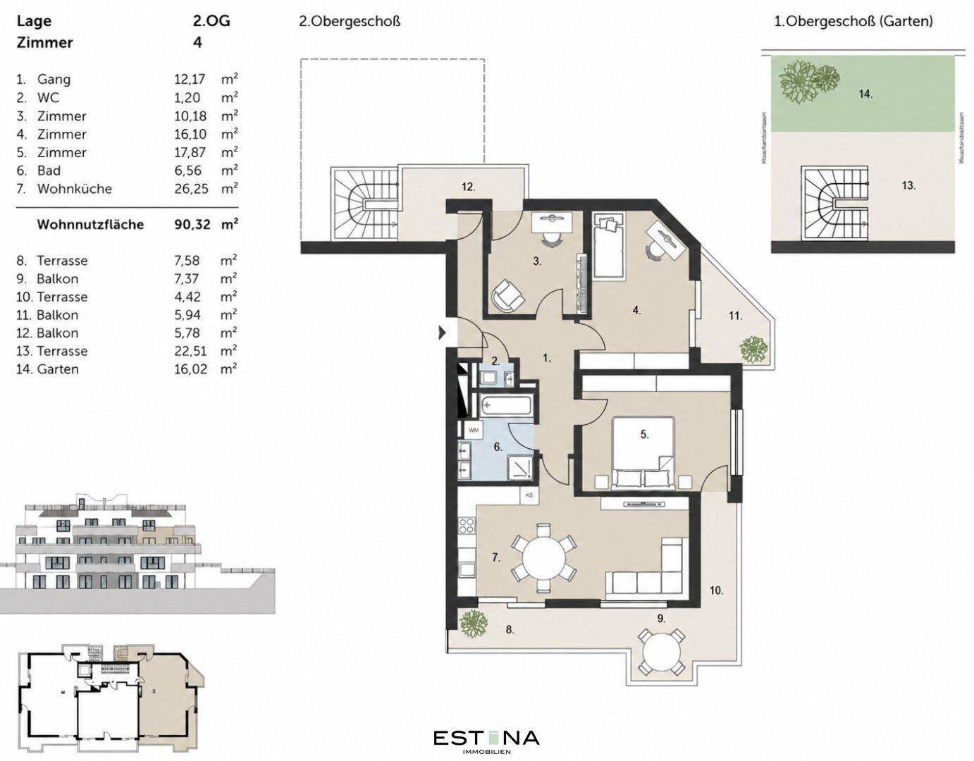 Detaillierter Grundriss der Wohnung im 2. Obergeschoss mit Wohnküche und mehreren Balkonen.