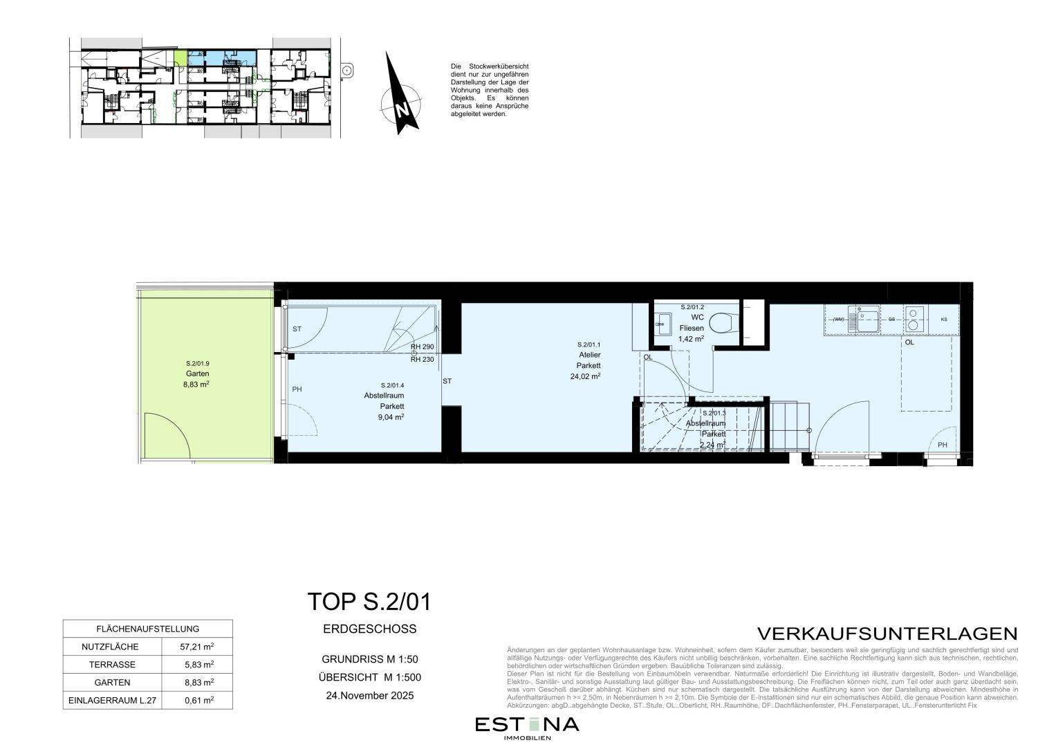 Grundriss des Erdgeschosses mit Garten, Atelier, Bad und offener Küche, ideal für modernes Wohnen.