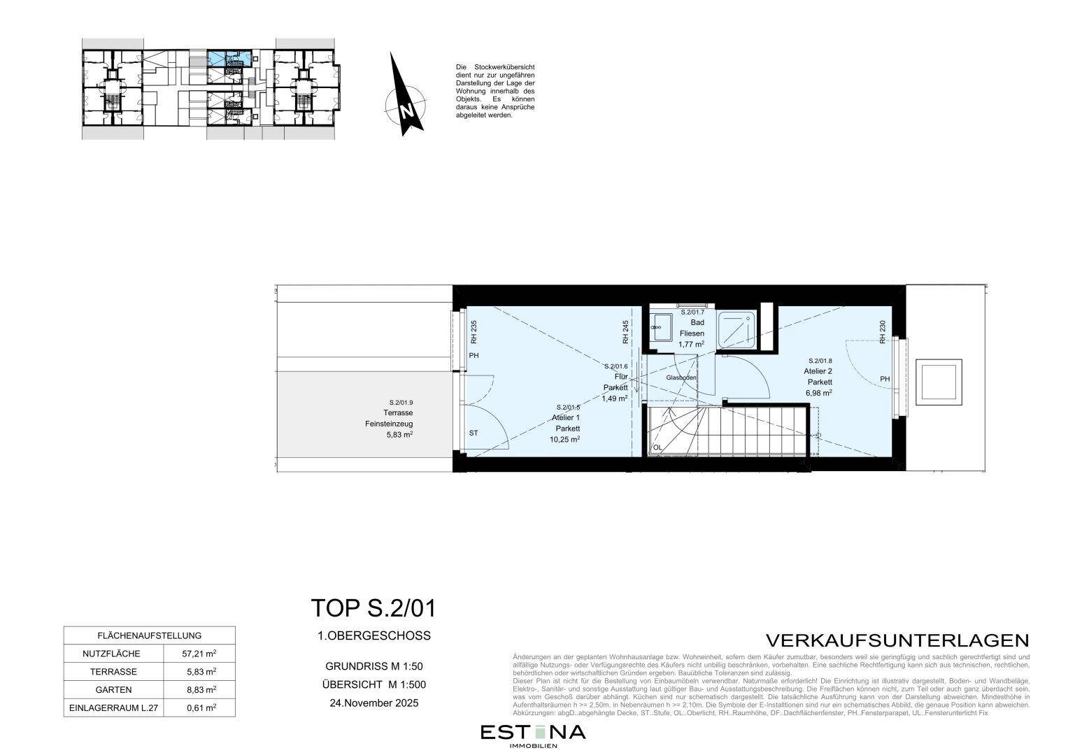 Grundriss des 1. Obergeschosses mit Terrasse, Badezimmer und zwei flexiblen Ateliers.