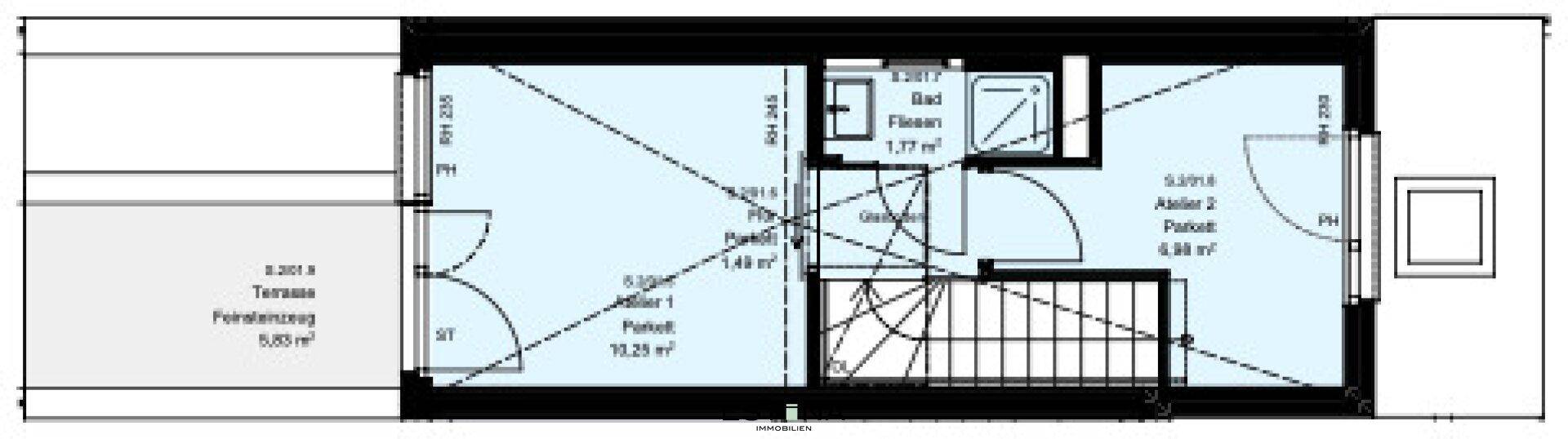 Detaillierter Grundriss des Obergeschosses mit Terrasse, Badezimmer und zwei Ateliers.