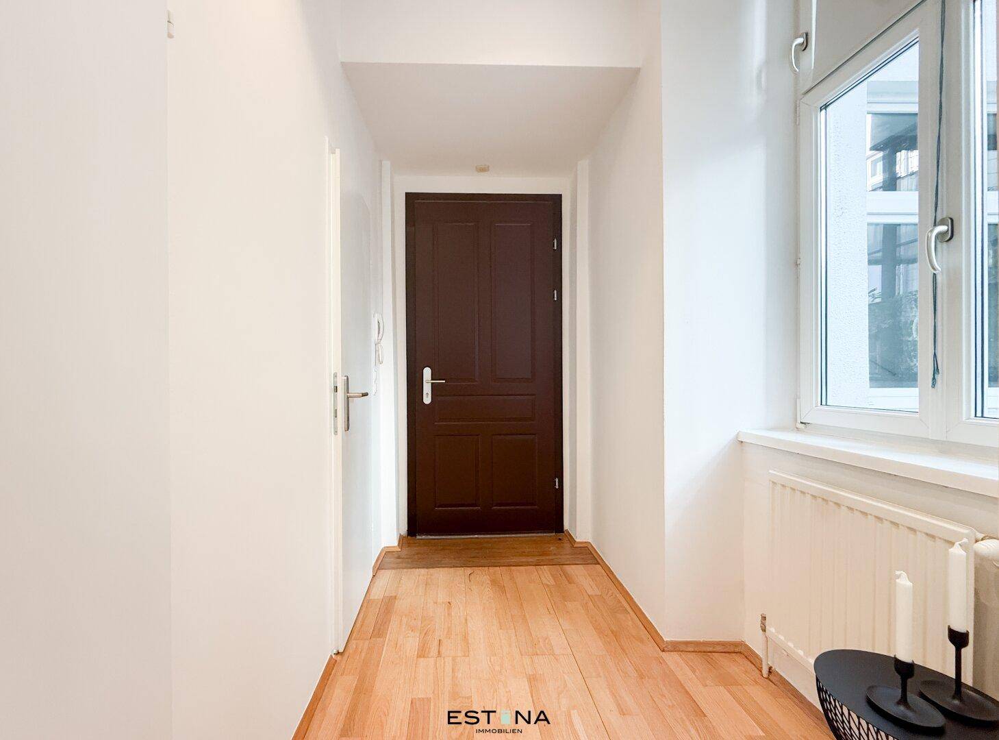 Eingangsbereich mit dunkler Holztür und Fenster, bietet einen hellen und freundlichen Empfang.