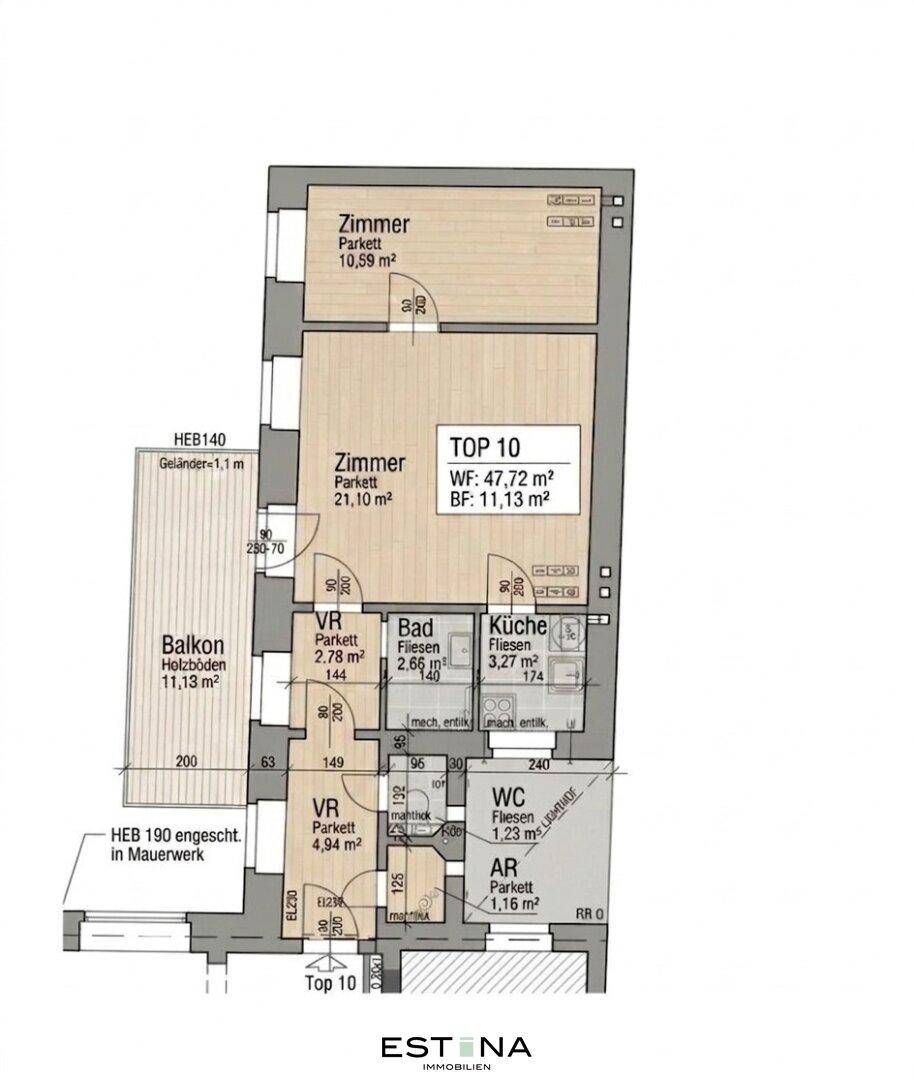 Grundriss der Wohnung Top 10 mit 47,72 m² Wohnfläche und 11,13 m² Balkonfläche.