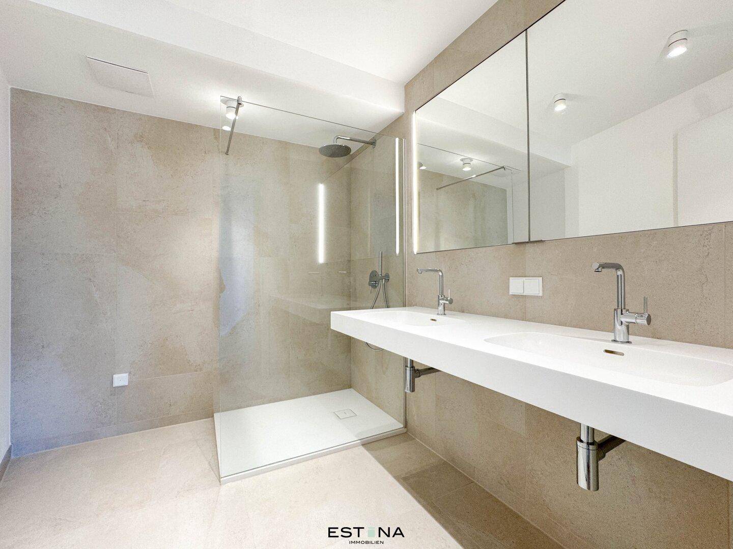 Elegantes Badezimmer mit begehbarer Dusche, Doppelwaschbecken und Spiegelschrank.