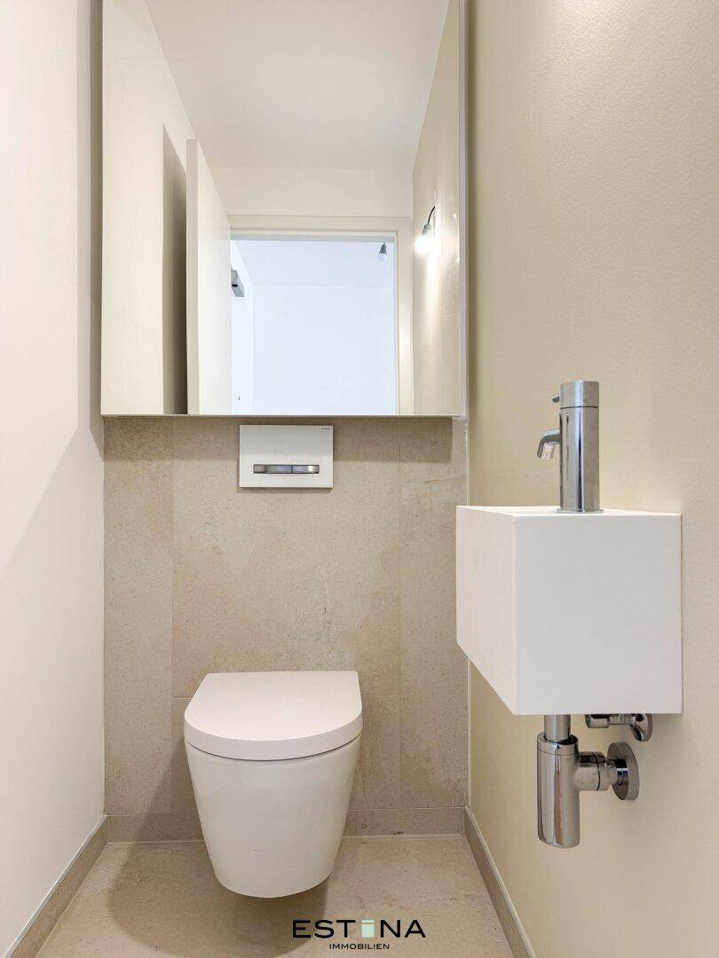 Separates Gäste-WC mit wandhängender Toilette, kleinem Waschbecken und modernem Design.