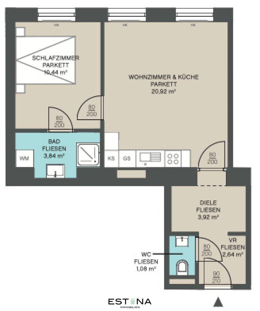 Detaillierter Grundriss einer Wohnung mit Schlafzimmer, Wohnzimmer, Küche und Bad.