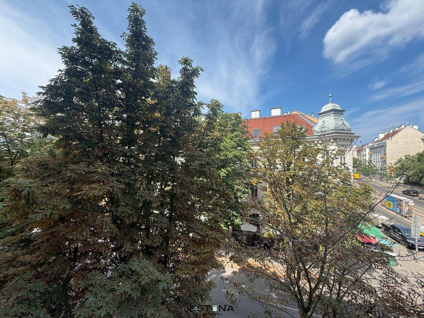 Blick aus dem Fenster auf grüne Bäume und die belebte Stadtstraße mit historischem Gebäude.