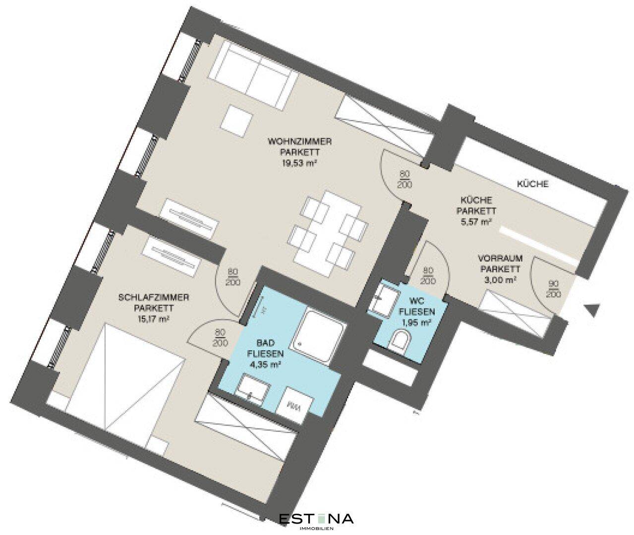 Detaillierter Grundriss einer Wohnung mit Wohnzimmer, Schlafzimmer, Küche, Bad und WC.